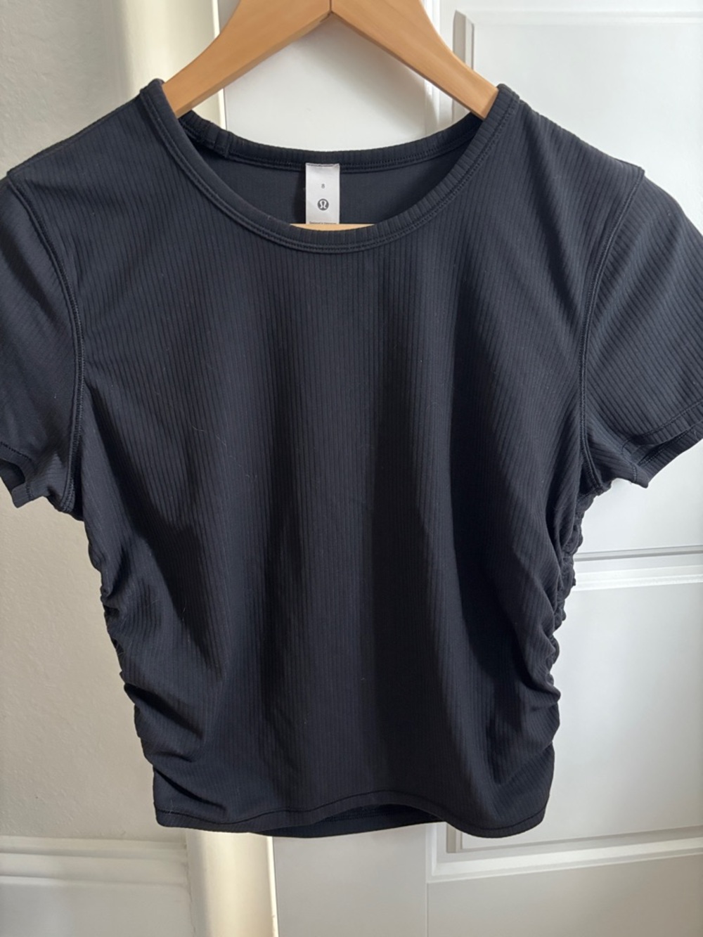 lululemon athletica Ribbed Short Sleeve Tee Crop with Ruched Sides- Black.